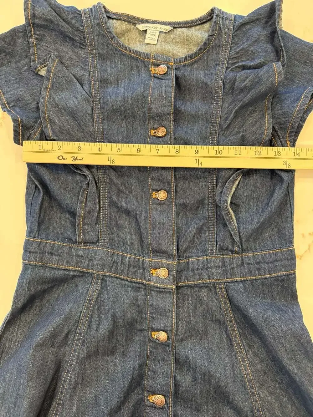 Calvin Klein Jeans Girls Blue Denim Ruffle Sleeve Button Down Dress Size 12/14